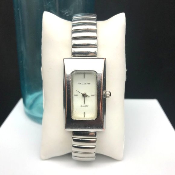 Vintage Via Accenti Ladies White Dial Flex Band Rectangle Quartz Watch - Picture 1 of 6